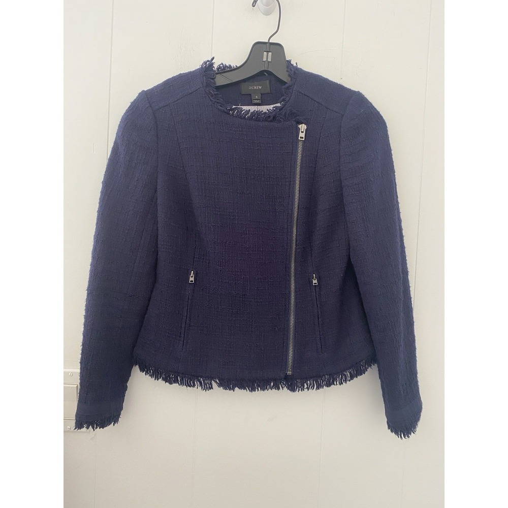 J.Crew Tweed Motorcycle Jacket With Fringe Women's 0 Blue Zip Preppy Career $228